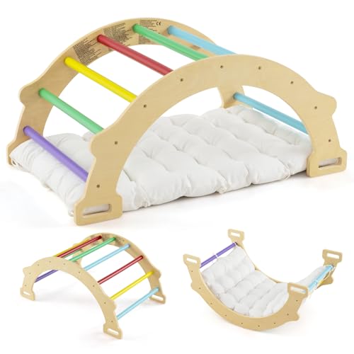 DREAMADE 2 in 1 Kletterbogen mit Kissen, Bogenwippe aus Holz, Holzwippe zum Klettern, Klettergerüst Indoor Kletterdreieck für Kinder ab 3 Jahren (Bunt)
