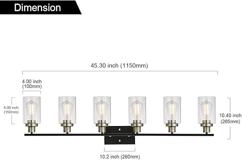 Miniatura 5 de MELUCEE Lámpara de tocador negra de 6 luces con acabado de níquel cepillado, iluminación de baño con pantalla de vidrio transparente, accesorios