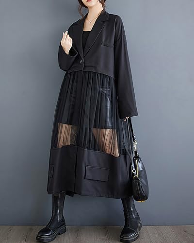 Women's Shirt Dress Long Sleeve Buttoned Tulle See Through Solid Patchwork Loose GZ3043