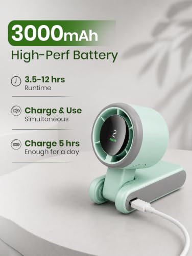 Image of EcoNour Portable Handheld Fan - 5 Gear High Speed 13550 RPM Rechargeable Mini Personal Hand Fans that Blow Cold Air, Battery Powered Travel Fan Essentials, Holiday Gifts for Women, Men - Green