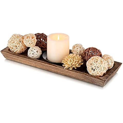 Hanobe Wooden Tray for Candle Decorative: Wood Rustic Long Centerpiece Trays Rectangle Narrow Farmhouse Decor for Dining Coffee Table Kitchen Fireplace Mantle Cover