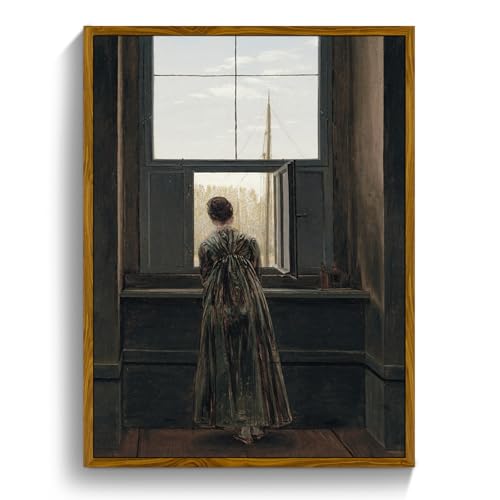 crmotu Framed Canvas Wall Art, Vintage Portrait Paintings Wall Decor, Woman by the Window Dark Art Prints, Retro Lady Back Pictures Rustic Farmhouse Home Decor Living Room Bedroom Bathroom 12x16in