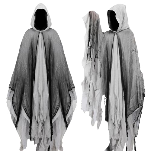Huraogcos Halloween Zombie Kostüm Männer Frauen Gruselig Halloween Umhang mit Kapuze Cape Outfit Geister Kostüme Party (Grau)