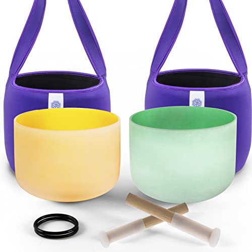 FMTY 10inch Crystal Singing Bowls set prefect pitch(±10HZ) Yellow(Solar plexus)+ Green(Heart) with Soft Carrying Bag Sound Bowls Chakra Bowl