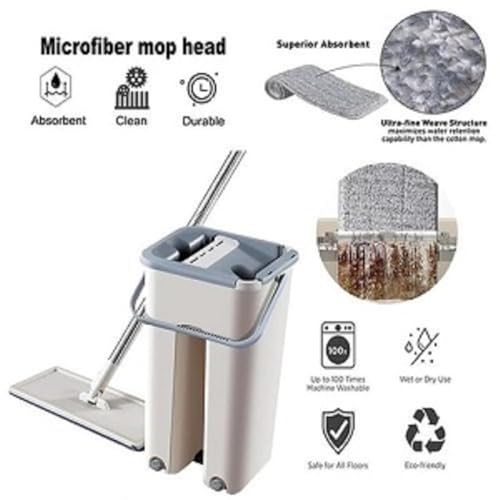 Image of Mop Heavy Quality Floor Mop with Bucket, Flexible Kitchen tap Flat Squeeze Cleaning Supplies 360 Flexible Head /2 Reusable Pads Clean Home Floor Cleaners