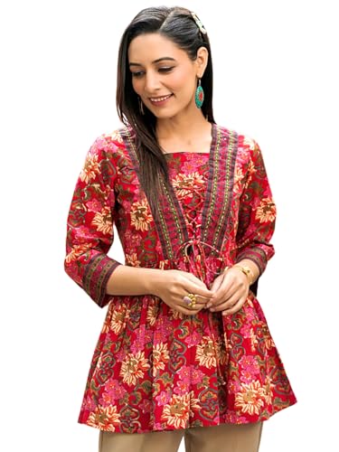 Image of Leriya Fashion Women's Rayon Paisley Printed Tunic Western Tops Short Kurti - Comfortable Everyday Wear & Half Sleeves, Collar Neck (Available in Plus Size)