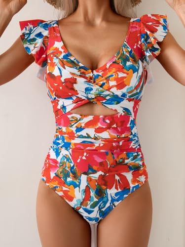 Image of B2prity One Piece Swimsuits for Women Ruffle Sleeve V Neck Bathing Suit Tummy Control Cutout Monokini Slimming Swimwear