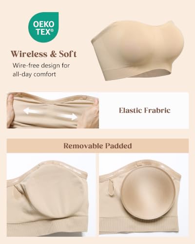 Image of HACI Strapless Bra No Underwire Padded Seamless Wireless Multi-Way Everyday Bandeau Tube Top for Women