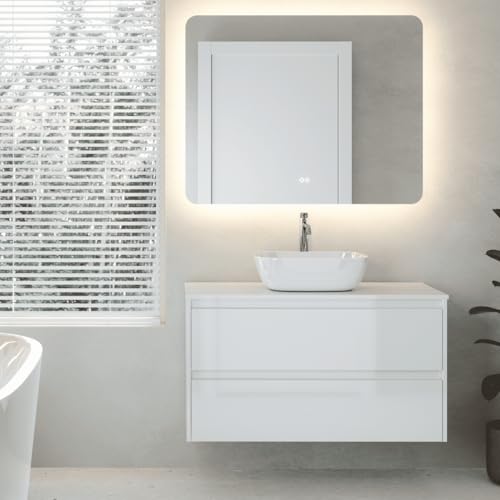Mueble de Baño Suspendido con Lavabo Sobreponer Cerámico | Mueble Volado 2 Cajones | 70 cm Blanco Brillo