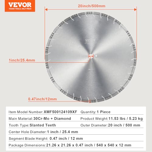 VEVOR Diamantsägeblatt Betonsägeblatt 50 cm für Nass- oder Trockenarbeiten, 12 mm Diamantsegmentsägeblatt mit schrägen Zähnen, Mittellochdurchmesser 25,4 mm, für Beton, Zementplatten, Fliesen, Ziegel