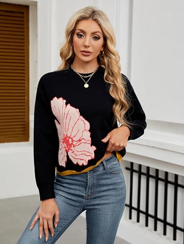 Women's Floral Printed Crewneck Sweater Cropped Long Sleeve Ribbed Knit Pullover Jumper Tops4