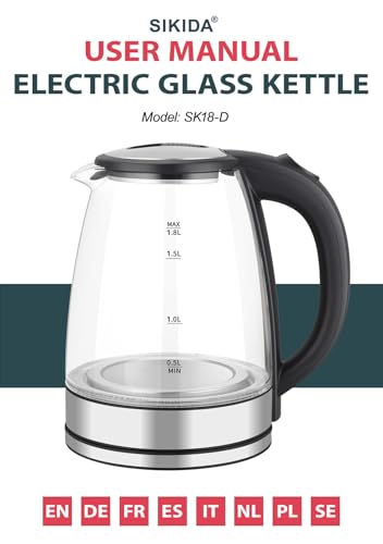 Sikida Glas Wasserkocher 1,8L - sehr leise - zertifiziert BPA-frei, 360° drehbare Basis, LED-Beleuchtung, Borosilikatglas, automatische Abschaltung, Überhitzungsschutz, Stilvoll & langlebig