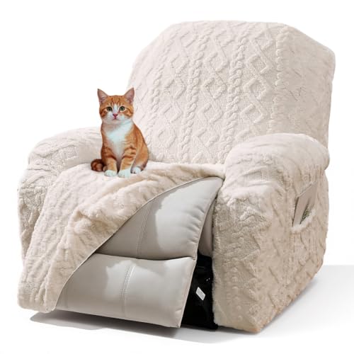 vctops 4 Pieces Recliner Chair Covers, Geometric Jacquard Plush Recliner Slipcovers Soft Fuzzy Sofa Couch Cover Anti-Slip Furniture Protector with Elastic Bottom for Kids Cats Dogs (Cream,1 Seat)