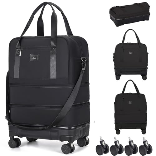 Rolling Duffle Bag with Detachable Shock Absorbing Wheels, Expandable Foldable Suitcase for Travel,Collapsible Luggage Carry on Duffel Overnight Weekend Bags