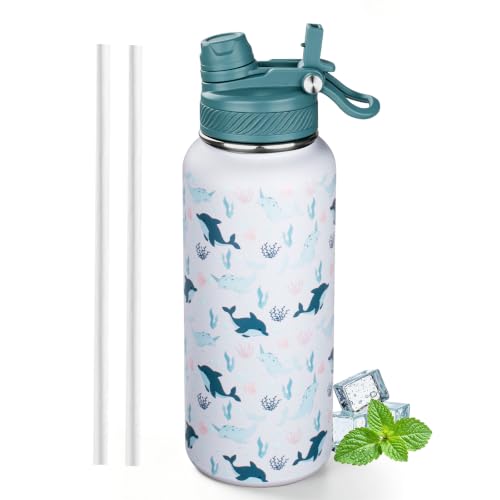 Image of 32 oz Insulated Water Bottle with Leak-proof 2-in-1 Straw and Spout Lid,Stainless Steel Sports Water Bottle with Handle,Double Wall Vacuum Metal Water Flask for Travel Camping School(Ocean,1)