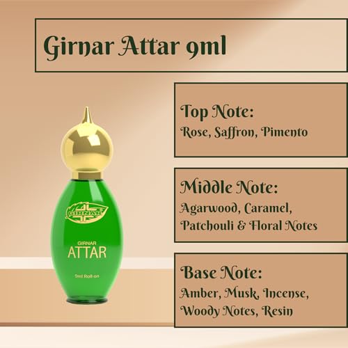 Image of Girnar Attar 9ml | Non-Alcoholic Premium Concentrated Perfume | Rose, Saffron, Oud Shanaya, Agarwood, Caramel & Woody Scent
