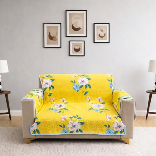 Image of Homerz Premium 2 Seater Quilted Reversible Sofa Cover Mat with Pocket Arms | Polyester Blend 350 GSM Full Coverage & Back Belt for Stability | Washable Furniture Protector (Solara, 2 Seater)