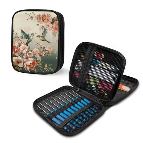 Image of Crochet Hook Case Hummingbird Crochet Hook Holder Portable Crochet Hook Storage Bag with Web Pockets Suitable for Crochet Needles /Knitting Accessories