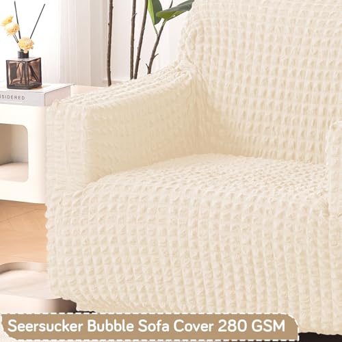 Image of HOKIPO 'Aria Nova' Elastic Stretchable 280 GSM Bubble Sofa Cover for 1 Seater, Light Cream (AR-6208-CRM)