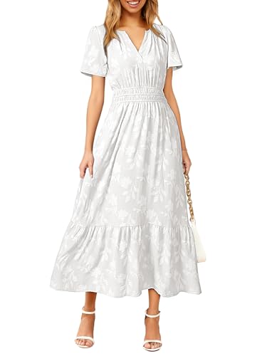 Image of Simplee Womens Summer Boho Maxi Dress Semi Formal Wedding Guest Short Sleeve V Neck Empire Waist Floral Long Dresses