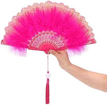 Feature Embroidered Flower Marabou Feather Fan Vintage Style Flapper Hand Fan for Costume Halloween Dancing Party Tea Party (Black)