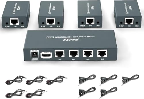 PW-HTS0104IR (POC) 1X4 Splitter HDMI Extensor de Divisor Puerto sobre Cat5e/Cat6 Cable Ethernet con Control IR Sin demora hasta 60m/196ft y Resolución hasta 1080P@60 Hz (1 In 4 out)