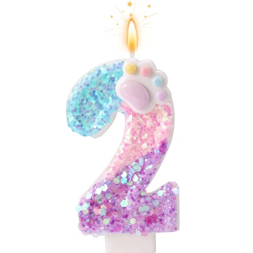 Pata de cão e gato vela número para bolo, vela de aniversário desenhos animados números bolo com base e haste suporte para amantes os cachorros gatinhos decoração festas (2)