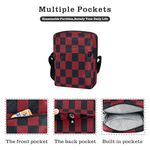 messenger bags crossbody bag Womens Casual Purses Adjustable Strap for business business- Red and Black Checkerboard Pattern2