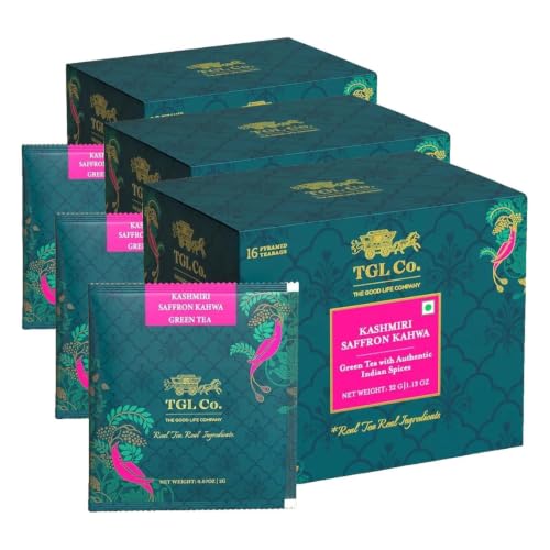Image of TGL Co. Kashmiri Saffron Kahwa Green Tea (16 Tea Bags) | Saffron-Infused Aromatic Blend | Boosts Immunity & Energy | Supports Digestion | Relieves Stress | Rich & Exotic Flavor (Pack of 3)