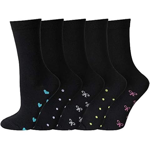 Ladies/Womens Multi pack of Black Cotton Rich Cute Thin Dress Socks with Bows & Hearts (heart and bow, 5) Cover