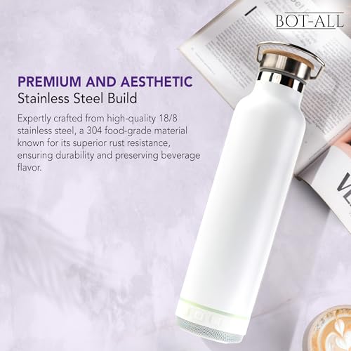 Image of BOT-All Groov White Premium Stainless Steel Bottle with Bamboo Lid - 600ml, Eco-Friendly & Rust-Resistant, 10-Hour Temperature Retention, with 5W Detachable Bluetooth Speaker