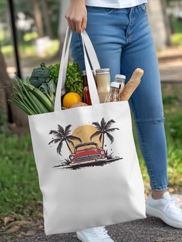 Canvas Tote Bags,Grocery Shopping Cloth Bag Red Car Coconut Tree Reusable Shoulder Bags Tote Bag for Travel Work Gym4
