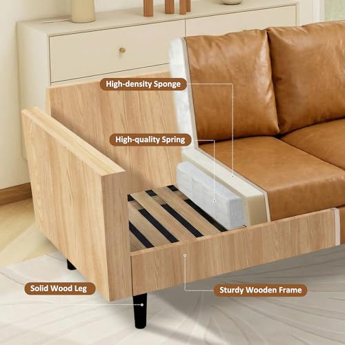 Image of Kingfun 2 Piece Faux Leather Sofa Set, Mid Century Modern Living Room Furniture Set with 3-Seater Sofa and Armchair, Small Leather Couch with Solid Wood Frame for Bedroom and Office, Mid Brown
