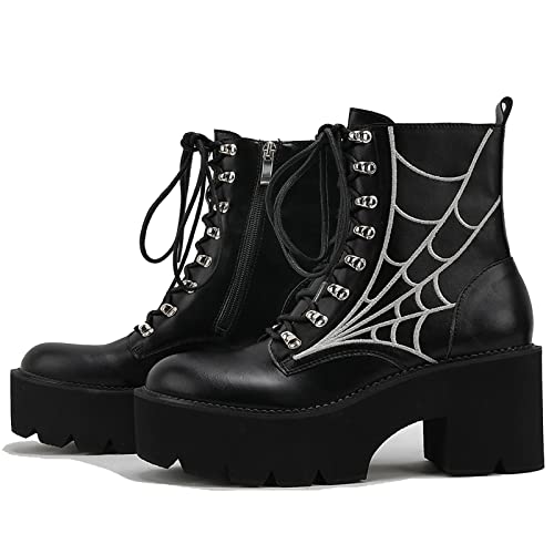 AIVYNA Damen Riemchen mit Reißverschluss Bikerstiefel Plateau Halblange Stiefel Kampfstiefel Blockabsatz Kurze Stiefel,Schwarz,42 EU Cover