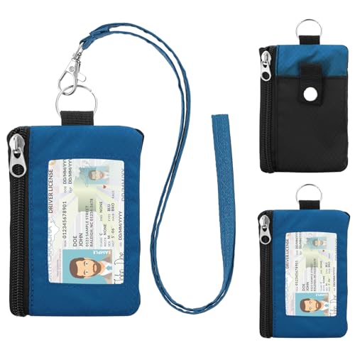 Image of Minimalist RFID Wallet with Lanyard, Multi-Functional ID Case with 2 Zipper Pockets and Key Chain for Men and Women, Tactical Badge Pouch Cards Holder, Coin Purse for Travel Sports-Black+Blue