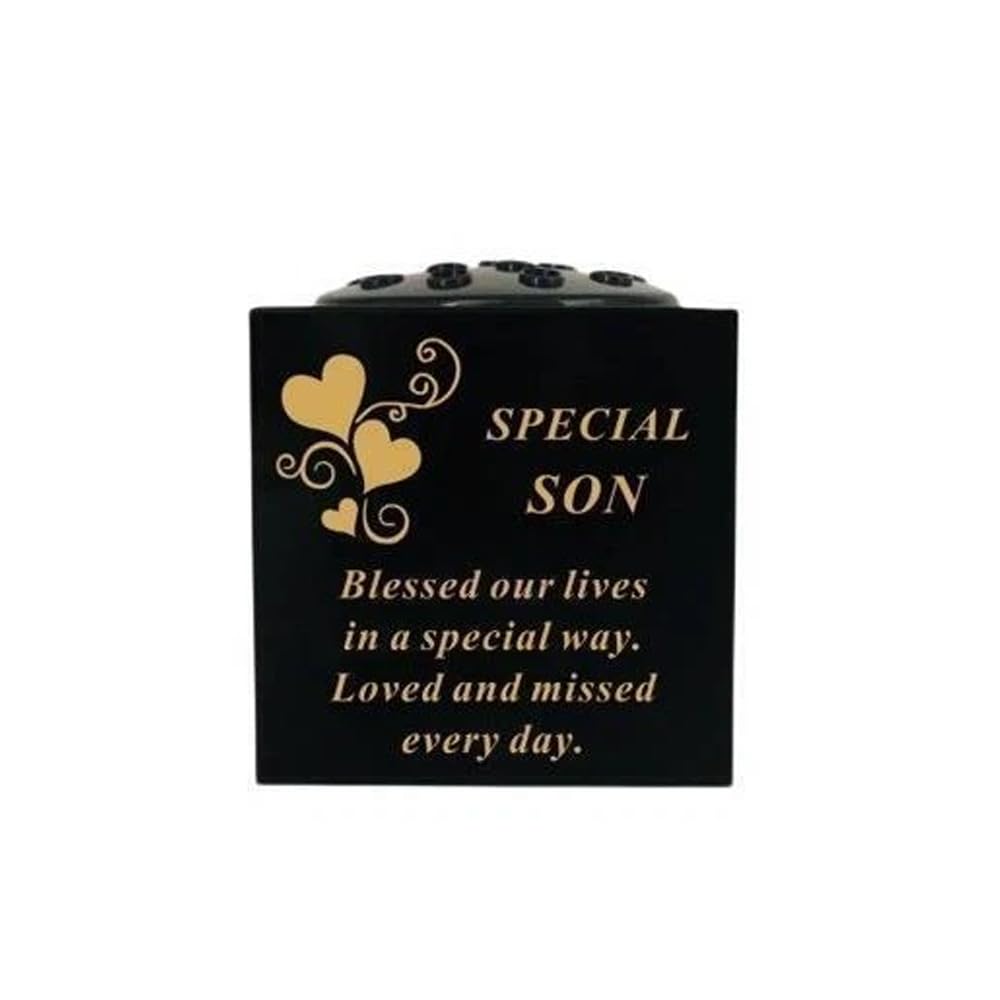 Graveside Memorial Black & Gold Bowl – Weatherproof Grave Flower Container with Removable Lid – Elegant Cemetery Tribute Vase-Remembrance Ornament, Sympathy Gift for Loved One with Hearts - Son
