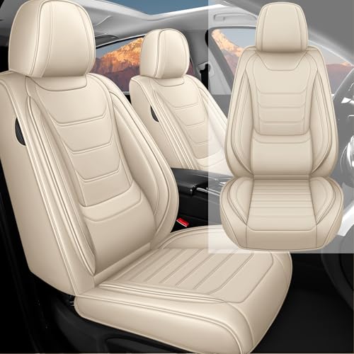 Car Seat Covers for Volkswagen Beetle 2012-2019, Premium Faux Leather Full Wrapping Edge Car Seat Protectors, Waterproof, Breathable Full Set Seat Covers(2 Seats Standard/Beige)