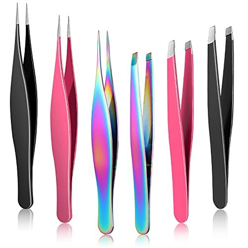 6 Pieces Tweezers Set, Precision Needle Tweezers Slanted Tweezers Pointed Tip Tweezers Stainless Steel Tweezers Hair Plucking Tweezers Eyebrow Pluckers for Women Eyelash Extensions, 3 Colors, 2 Styles