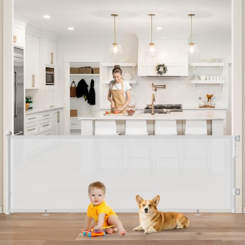 Image of 96 inch Retractable Baby Gate, Long Mesh Dog Gate for Garage Deck Porch | Strong Suction Disc Prevent Crawling Under, 34 inch Tall Child Safety Gate for Large Openings, Indoor Outdoor Use, White