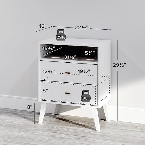 Prepac Milo Mid-Century Modern 2 Drawer Nightstand With Open Shelf, 16"D X 22.5"W X 29.5"H, White #TOP2