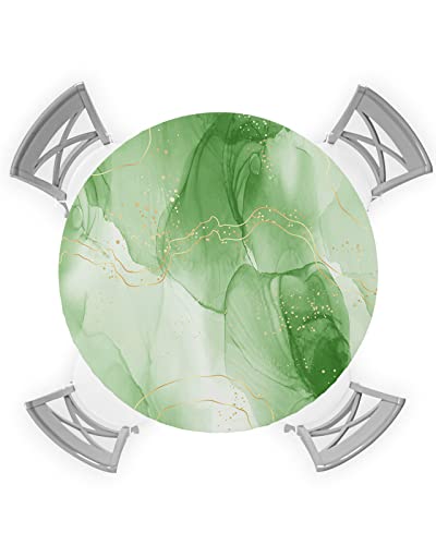 Marble Green Round Waterproof Table Cover Fitted Tablecloth, Wipeable Fabric Elastic Table Cloth Oil-Proof Tablecover for Indoor Outdoor Picnic Party, Modern Minimalist Geometric Abstract Gold 55