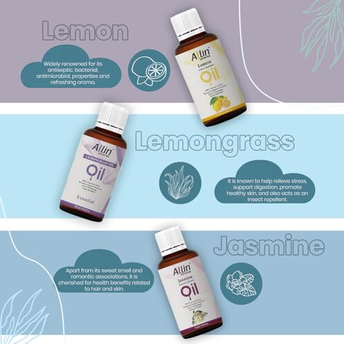 Image of Allin Exporters 9 in 1 Aroma Oil Combo Pack- Lavender, Rose, Citronella, Eucalyptus, Peppermint, Sandalwood, Lemon Grass, Lemon, Jasmine (9 x 15ml) Essential Oil for Home Fragrance, Aromatherapy