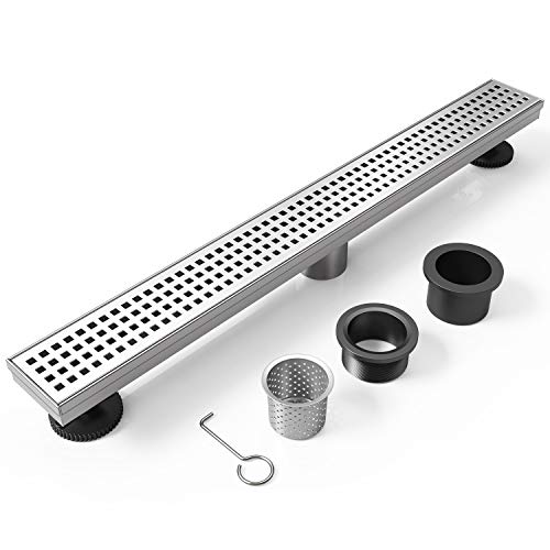 WEBANG 36 Inch Rectangular Linear Shower Floor Drain With Accessories,Quadrato Pattern Grate Removable,Food-grade SUS 304 Stainless Steel,WATERMARK&CUPC Certified,Brushed