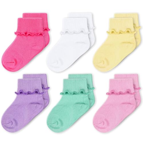 Image of CozyWay Baby Ruffle Socks Baby Girl Turn Cuff Ankle Comfy Cotton Socks Infant - 6 Pack