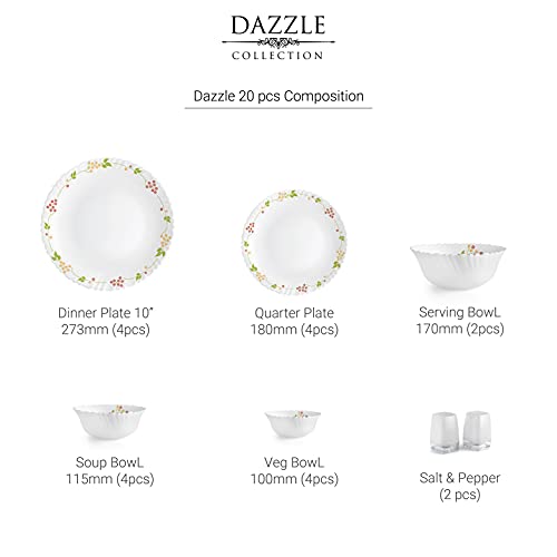 Image of CELLO Secret Garden Dazzle Series Opalware Dinner Set of 20 Pieces for Family of 4 | Bone-Ash Free & Leadfree Opal Glass, Microwave & Dishwasher Safe, Plates & Bowls Crockery Set for Dining & Gifting