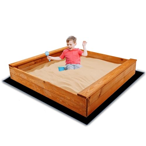 Arenero de madera de 120 x 120 cm con bancos, gran caja de arena abierta para niños, impregnada ecológicamente, con geotextil y bordes redondeados, SPRINGOS