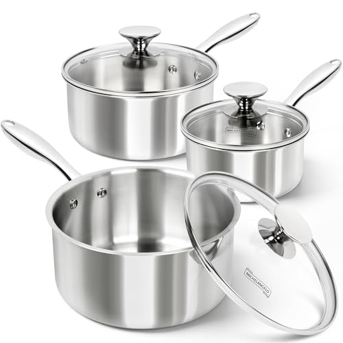 MICHELANGELO Triply Stainless Steel Saucepan Set with Lids 6pcs, Stainless Steel Pot Set, Kitchen Pot Set Induction Compatible, 1QT & 2QT & 3QT
