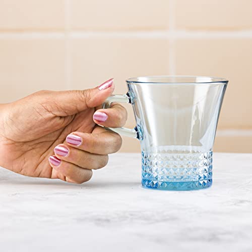 Image of Pasabahce Kuvars Mug from House of Pasabahce The Original Pasabahce from Turkey, Blue Transparent Kuvars Mugs, 250 ml in Set of 6 Pcs, Perfect fit for Tea /Coffee.