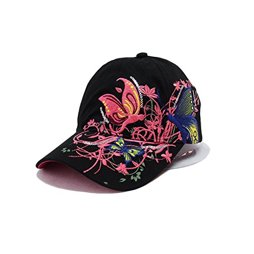 Preisvergleich Produktbild Outflower Damen-Baseballkappe / Golfkappe, Qualitäts-Baumwolle, modisch, einfach, größenverstellbare Mütze, aufgestickter Schmetterling, Baumwolle, Schwarz , 55-62cm