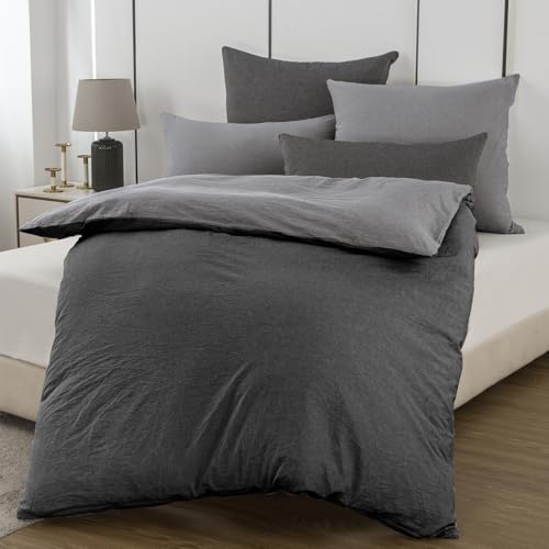 Nesture Bettwäsche 140x200 Baumwolle Anthrazit/Grau - Bettwäsche-Sets 2teilig Weich 100% Gewaschene Baumwoll Enthält 1 Bettbezug 140x200cm und 1 Kissenbezug 80x80 mit Reißverschluss
